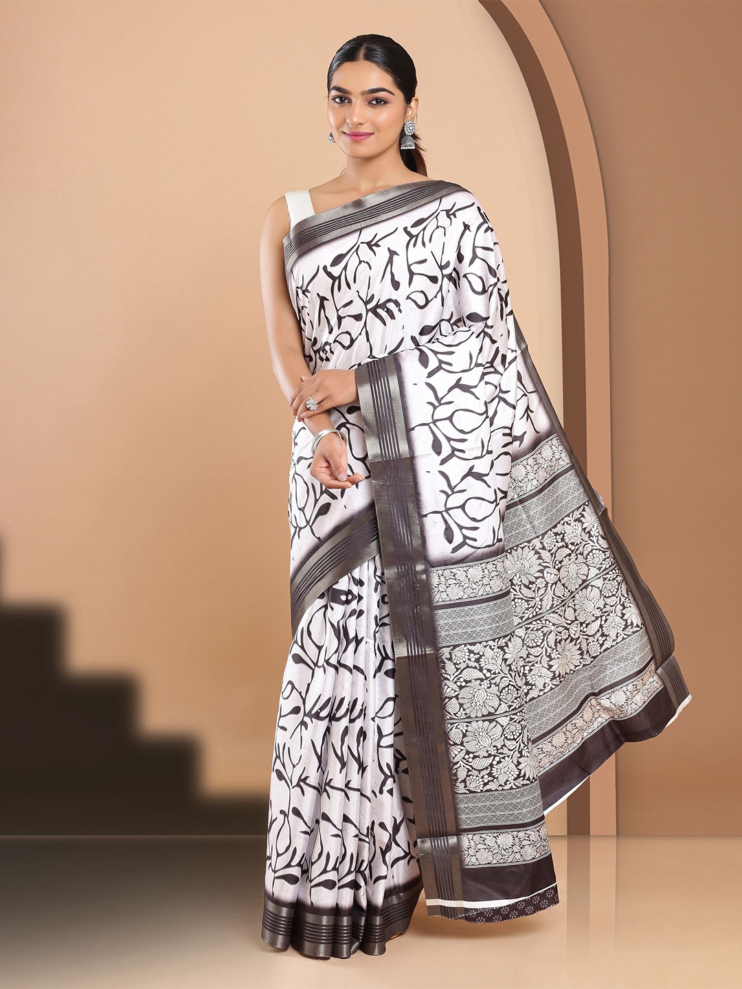 

Kalyan Silks Floral Zari Jute Silk Tussar Saree, Black