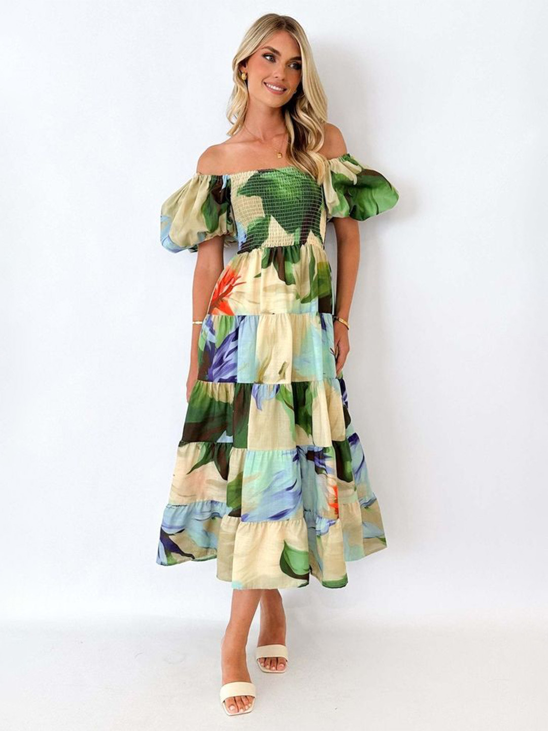 

LULU & SKY Floral Print Off-Shoulder Flutter Sleeve Fit & Flare Midi Dress, Green