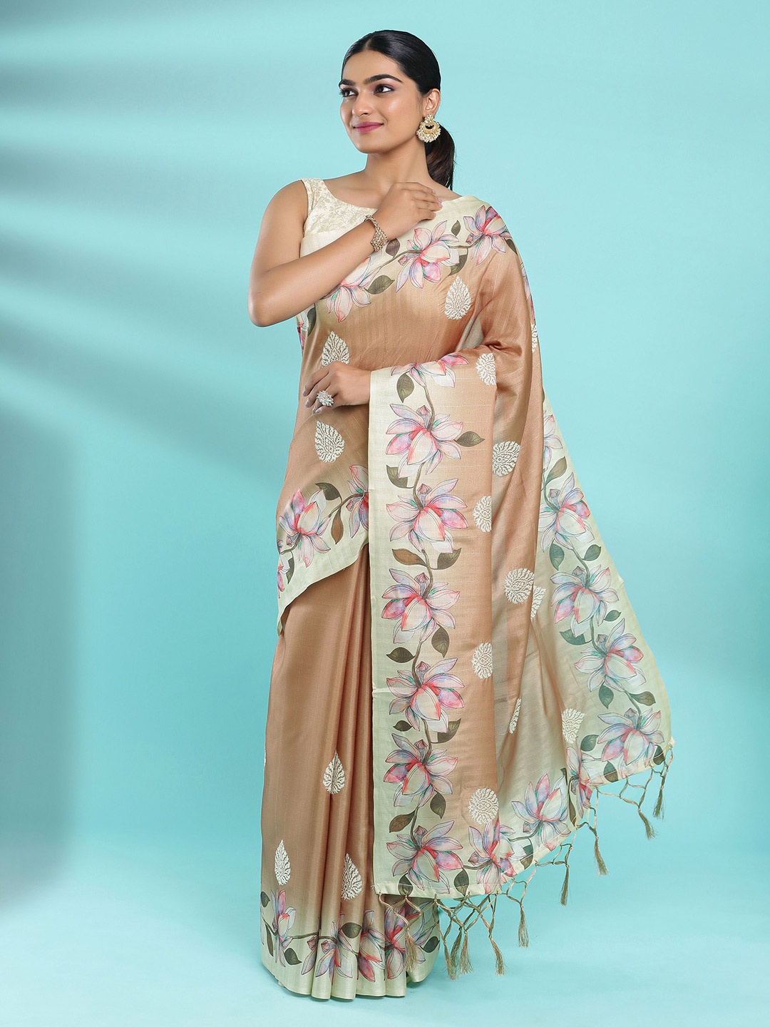 

Kalyan Silks Floral Jute Silk Tussar Saree, Brown
