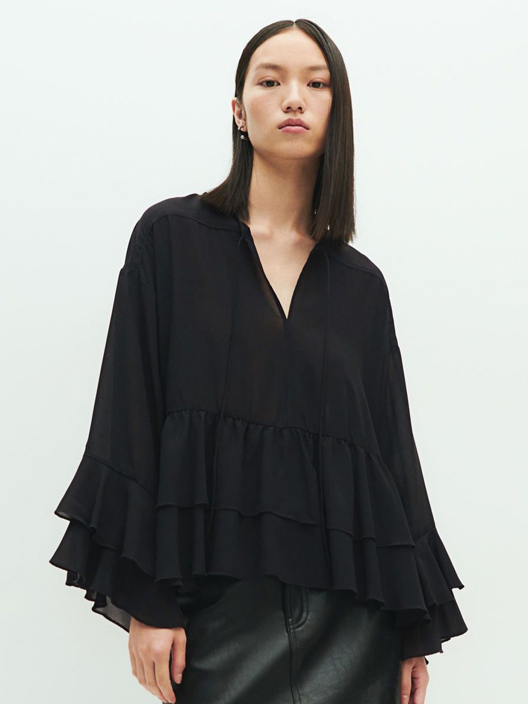 

H&M Flounced Chiffon Blouse, Black