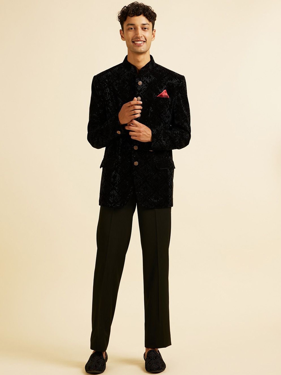 

Manyavar Self Designed Tailored-Fit Single-Breasted Two-Piece Suit, Black