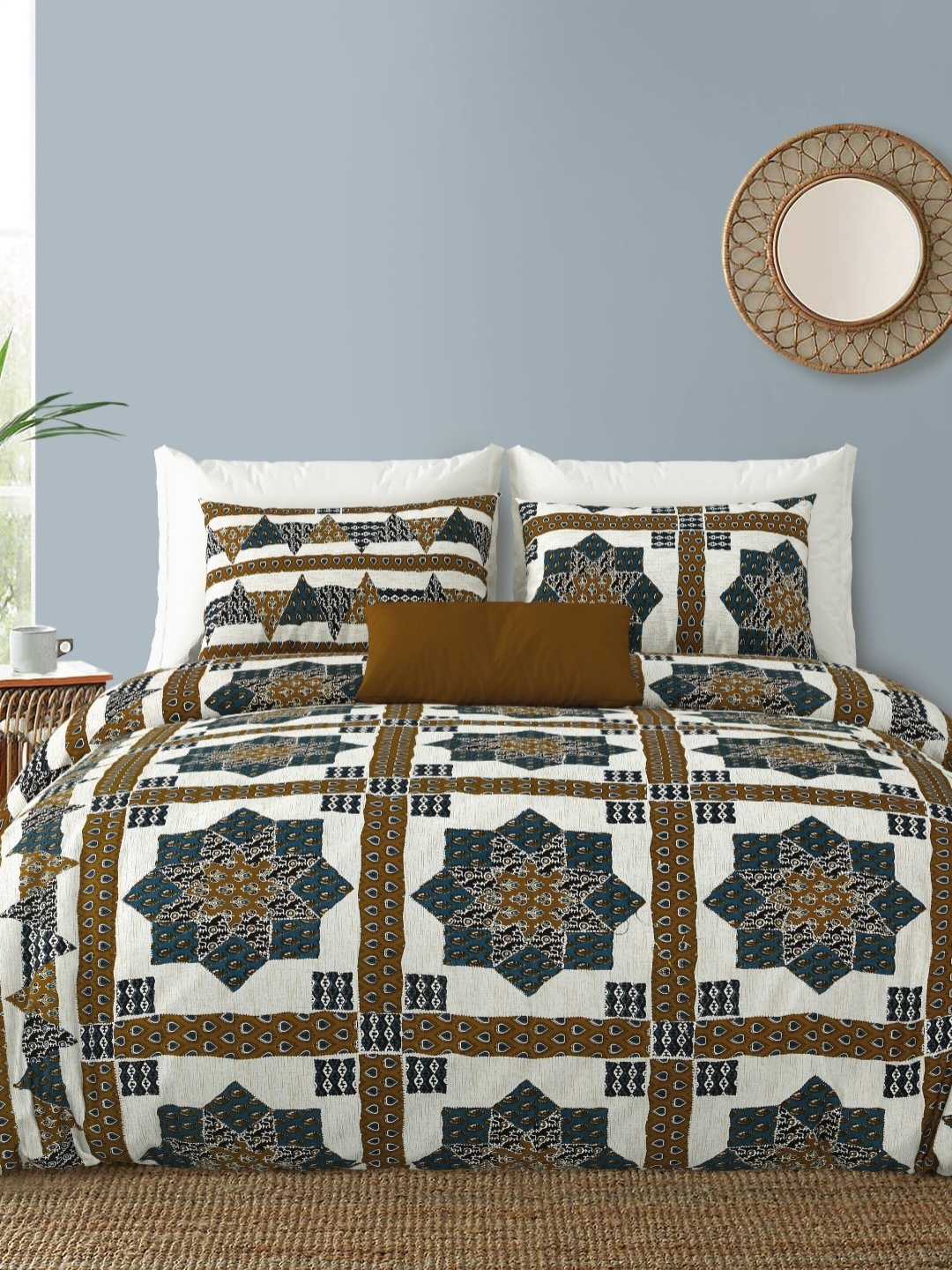 

LIVING ROOTS Brown Ethnic Motifs Printed 210 TC Pure Cotton King Bedsheet Set