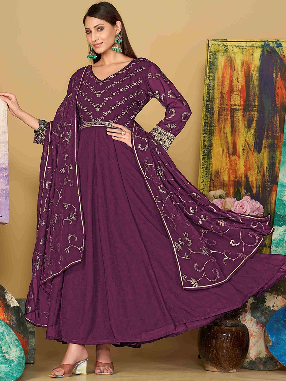 

Warthy Ent Ethnic Motifs Embroidered Semi-Stitched Dress Material, Purple