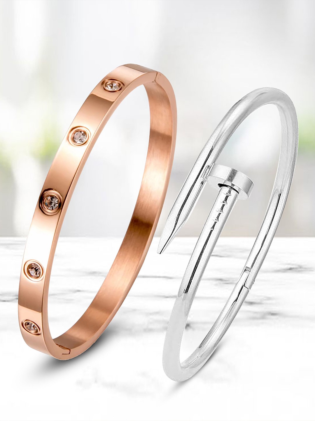 

MEENAZ Women 2 American Diamond Antique Rose Gold-Plated Kada Bracelet