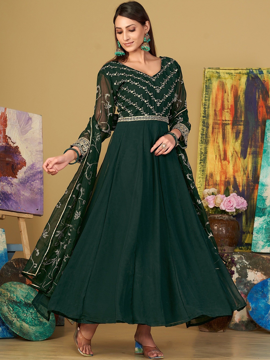 

Warthy Ent Embroidered Semi-Stitched Anarkali Dress Material, Green