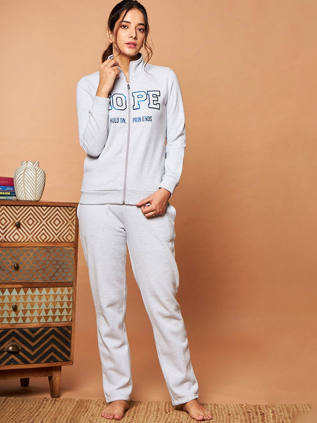 

July Typography Printed High Neck Sweatshirt And Trousers, Grey