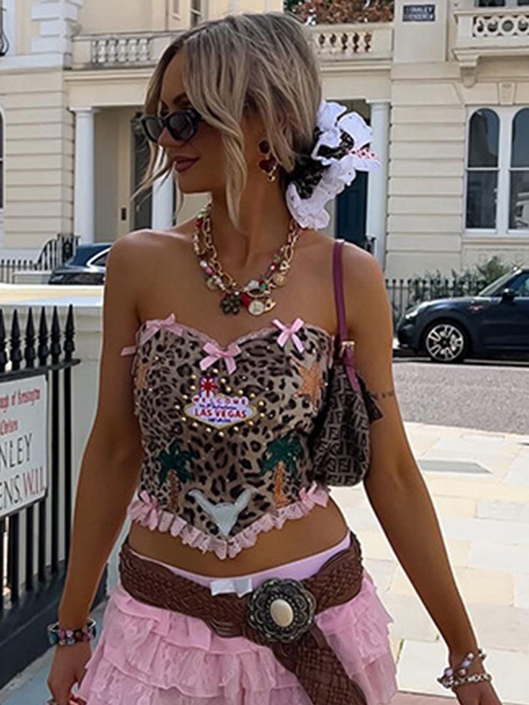 

LULU & SKY Floral Print Puff Sleeve Styled Back Crop Top, Multi