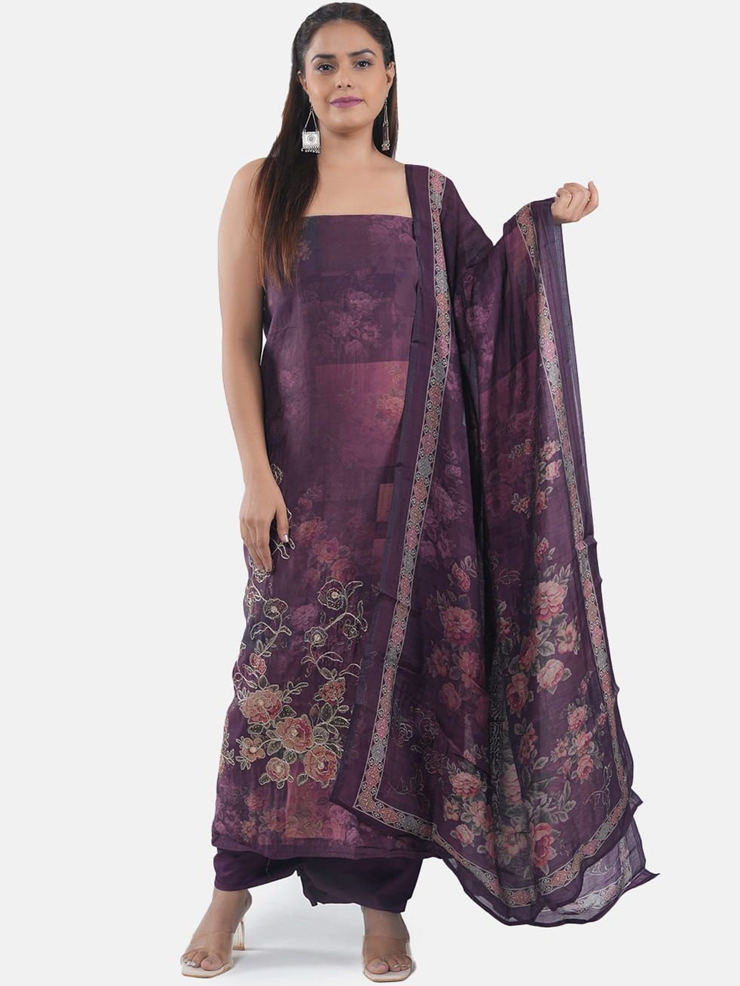 

MOZAFIA Floral Embroidered Zari Work Pure Silk Unstitched Dress Material, Purple