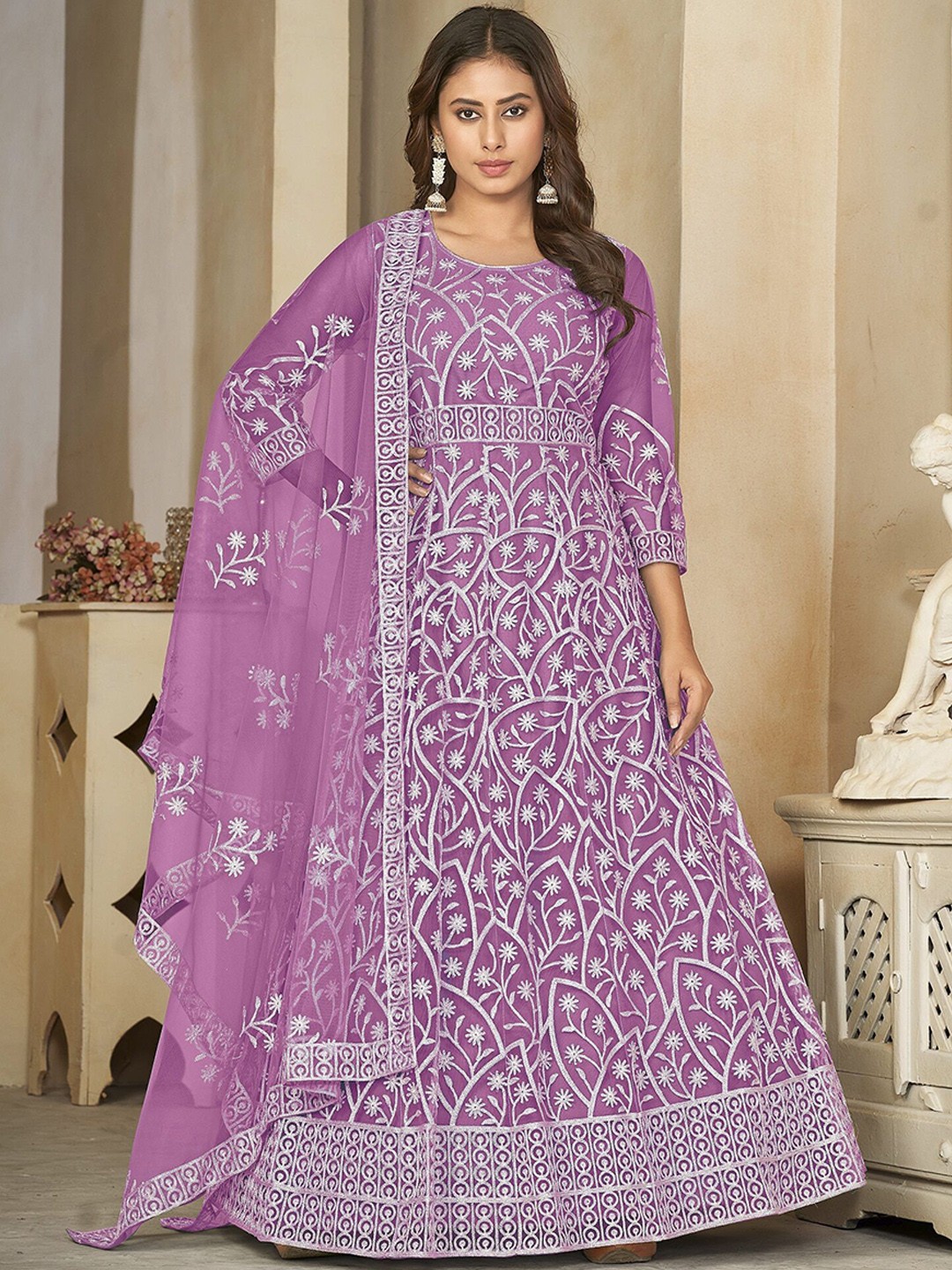 

Warthy Ent Floral Embroidered Net Semi-Stitched Dress Material, Purple