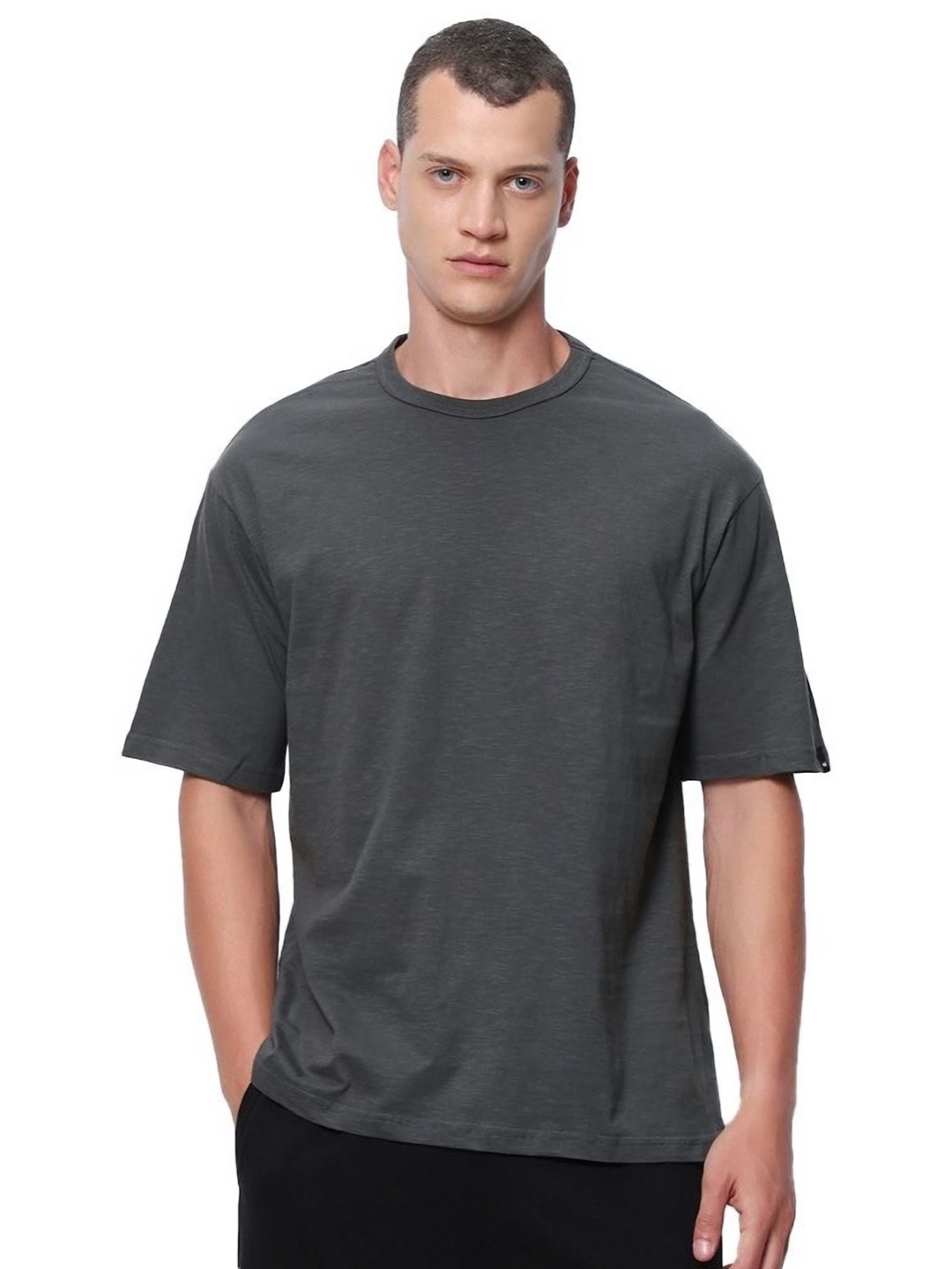 

VIXENLY Men Solid Drop-Shoulder Cotton Casual T-shirt, Grey