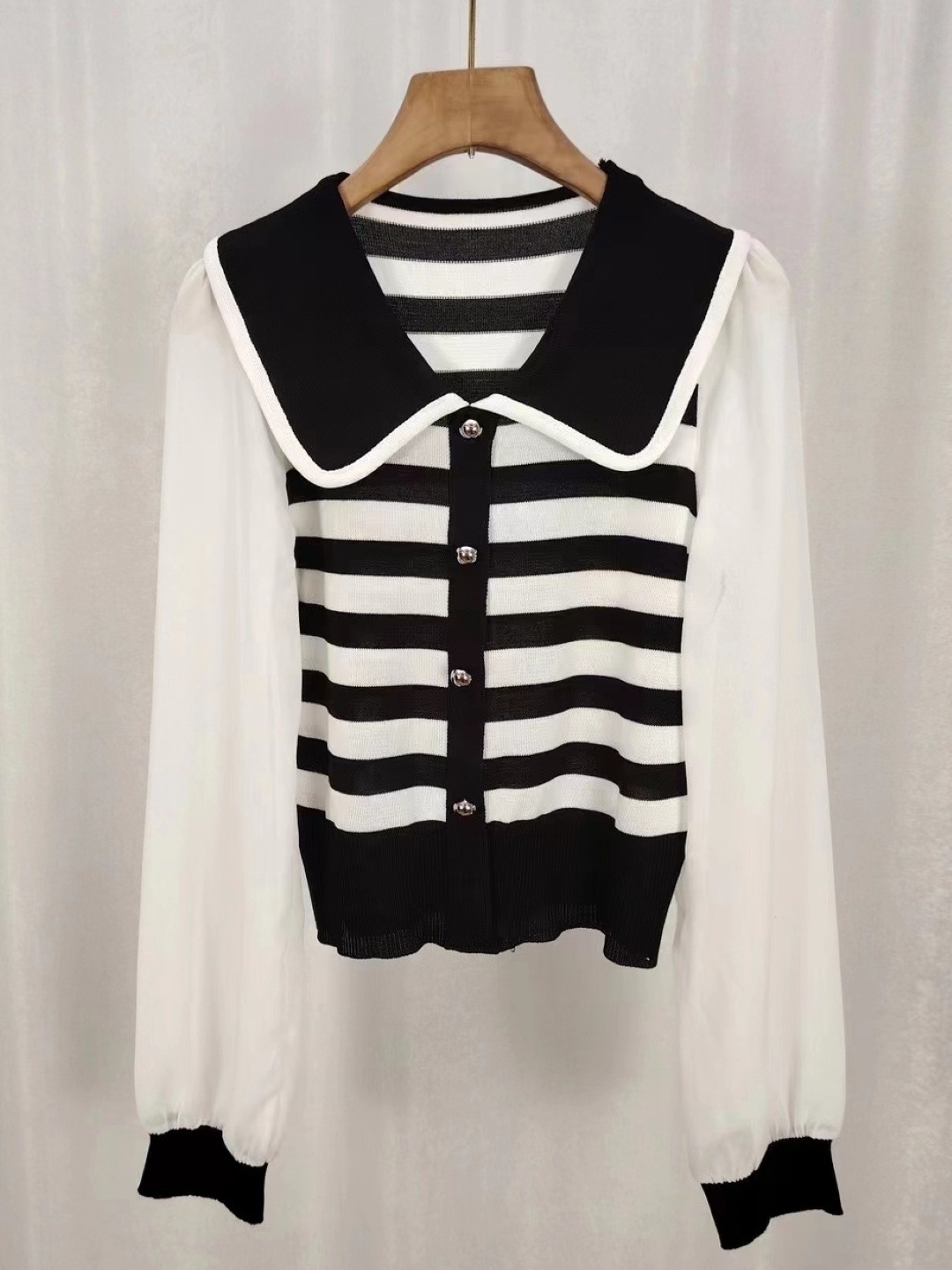 

KPOP Women Shirt Collar Striped Top, Black