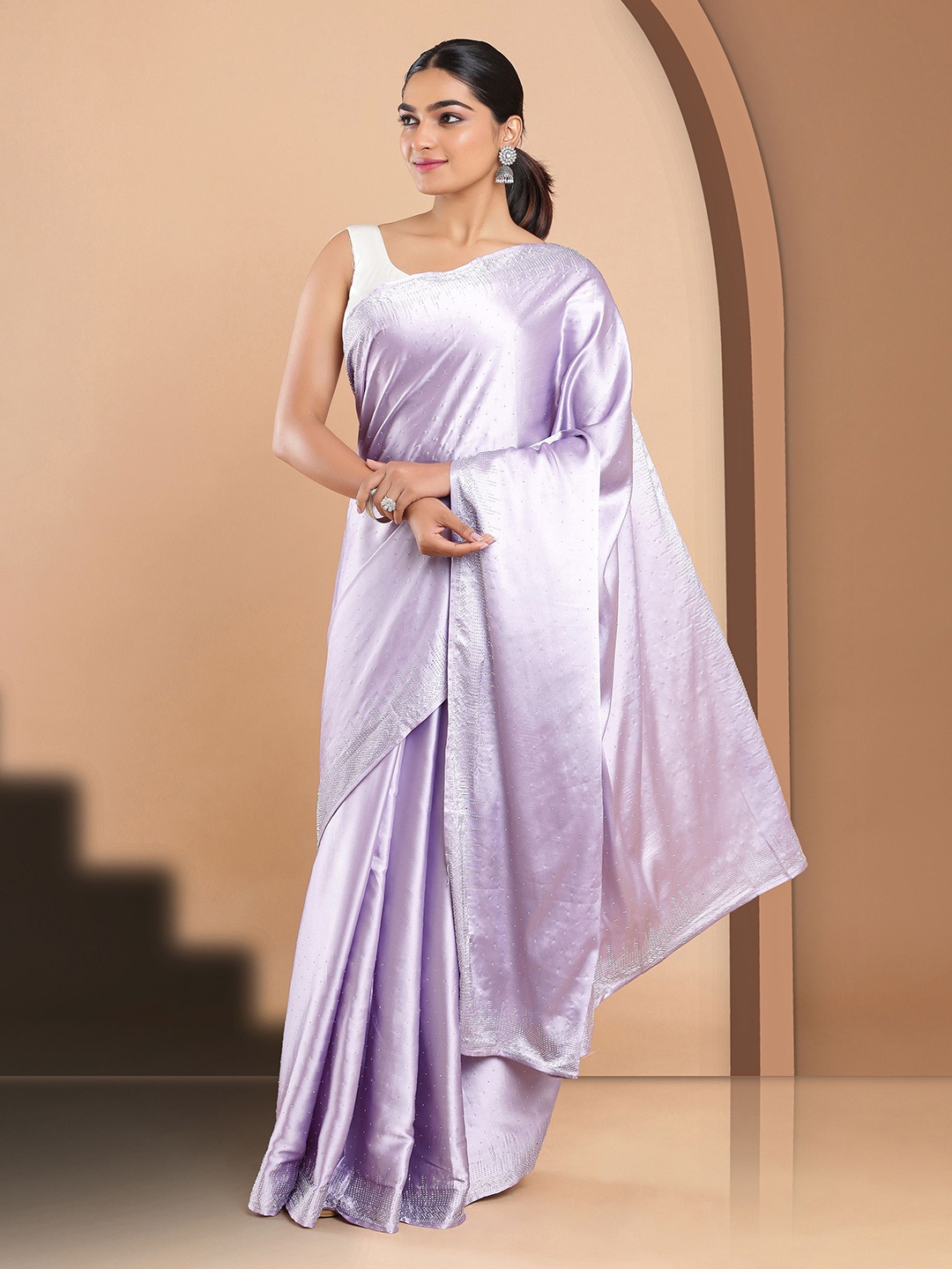 

Kalyan Silks Embellished Beads and Stones Satin Jamdani Saree, Lavender