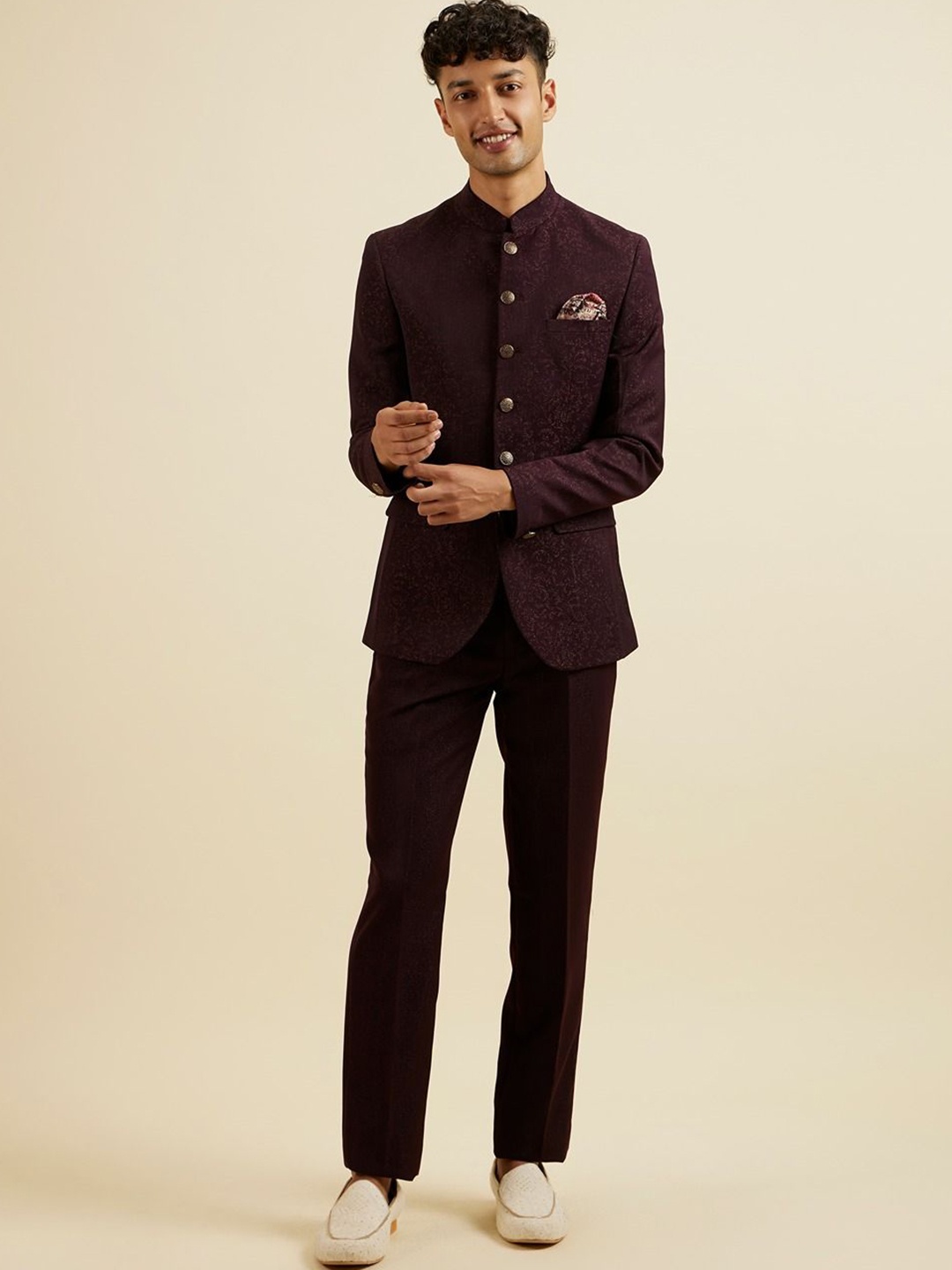 

Manyavar Self Design Tailored-Fit 3 Piece Suit, Purple