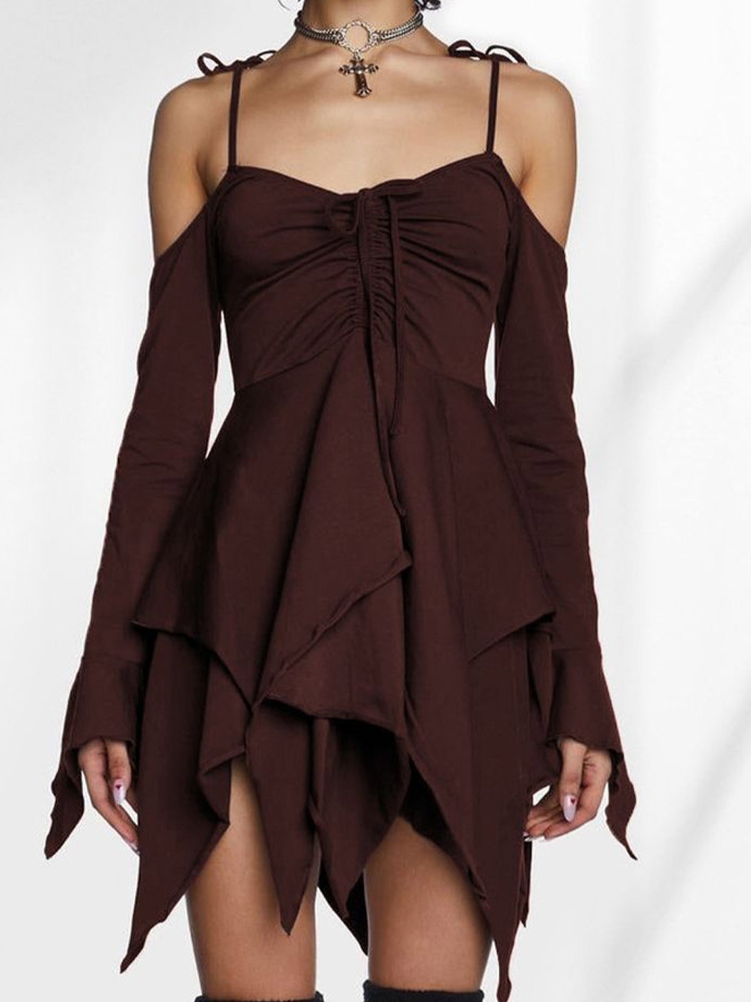 

LULU & SKY Cold-Shoulder Fit & Flare Mini Dress, Coffee brown