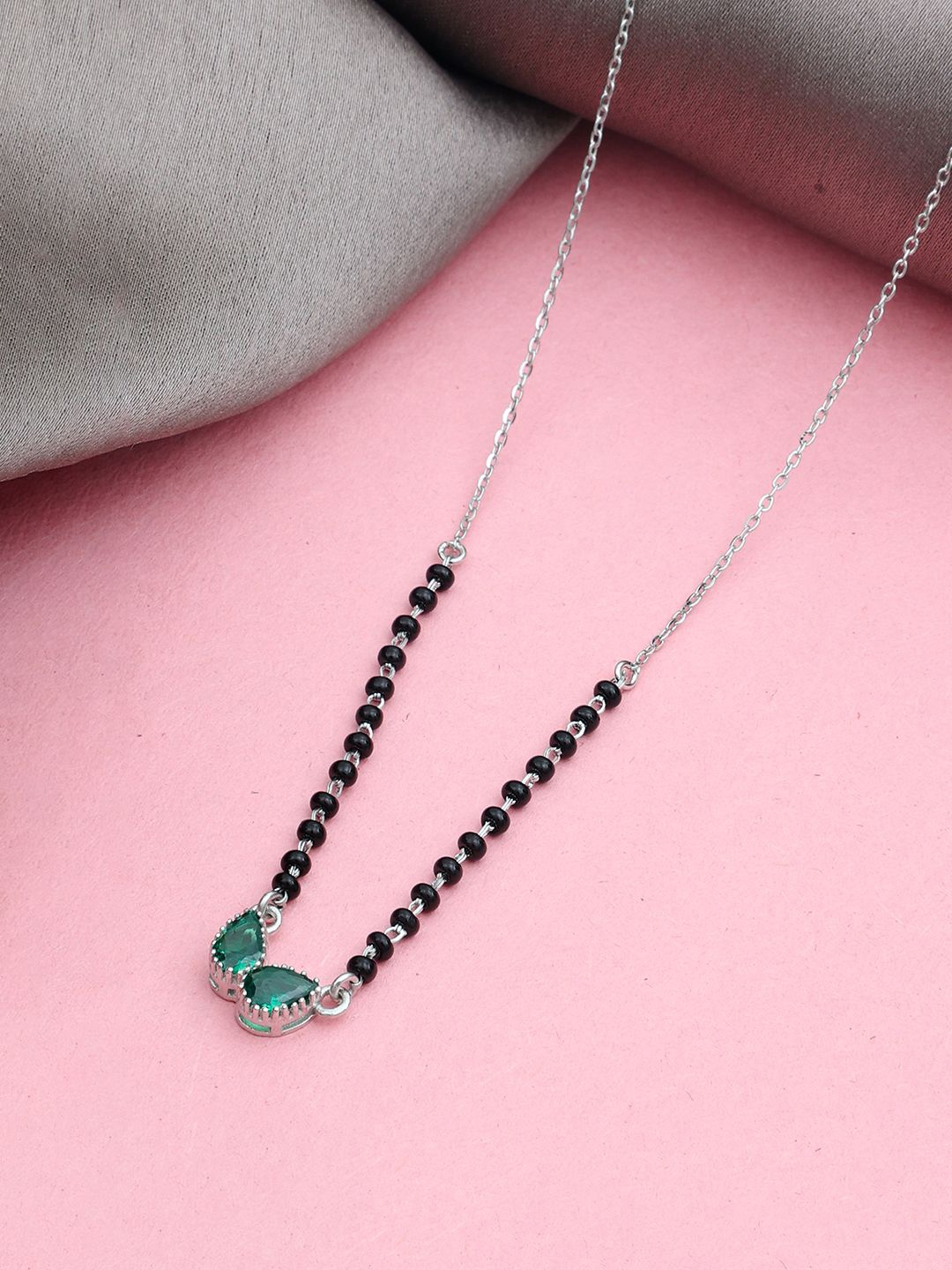

MAIRA 925 Sterling Silver Rhodium-Plated Crystals Studded & Beaded Mangalsutra