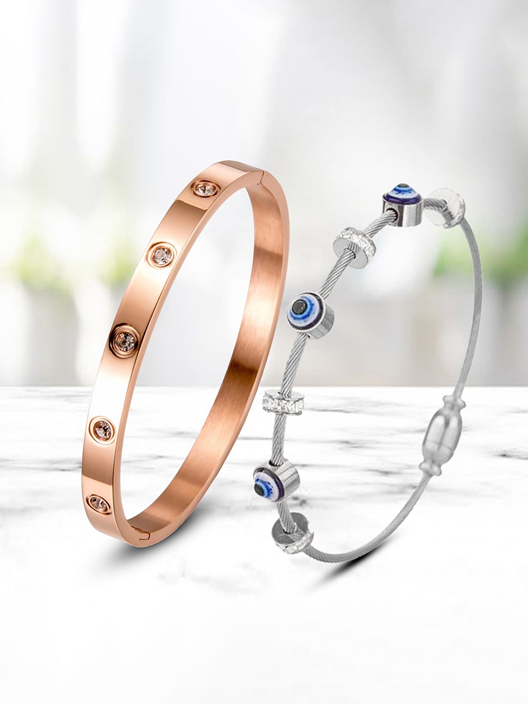 

MEENAZ Women 2 American Diamond Antique Kada Bracelet, Rose gold