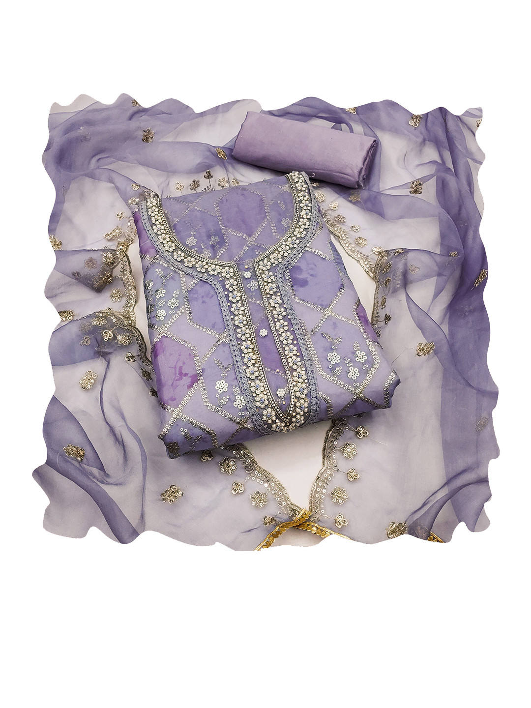 

Maroosh Geometric Embroidered Sequinned Organza Unstitched Dress Material, Purple