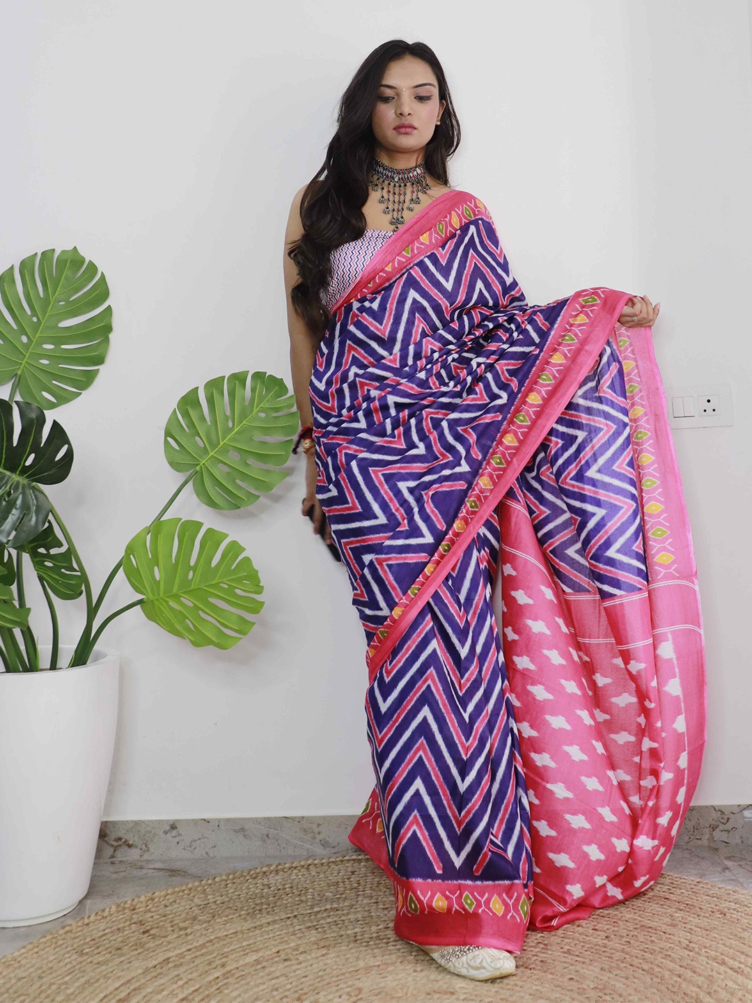 

HERE&NOW Pure Cotton Bagru Saree, Navy blue