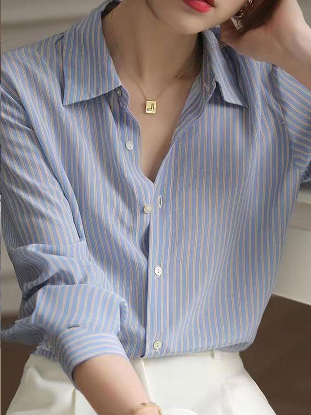 

LULU & SKY Striped Shirt Style Top, Blue