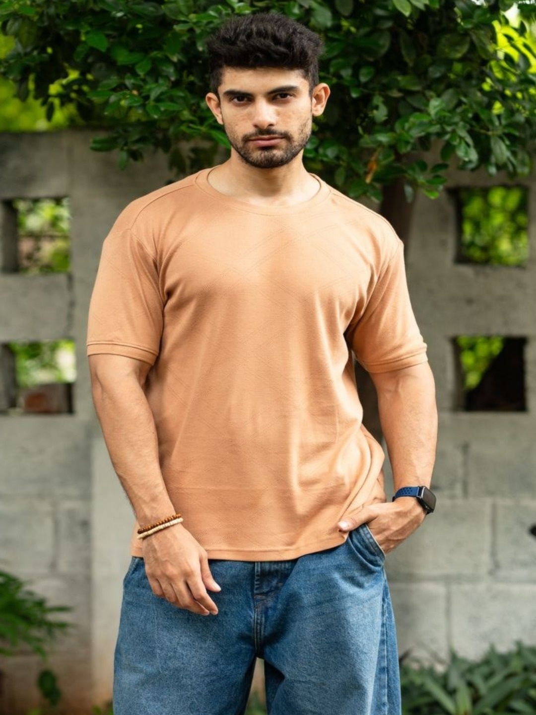 

Hidden Loops Men V-Neck Extended Sleeves Pockets T-shirt, Tan