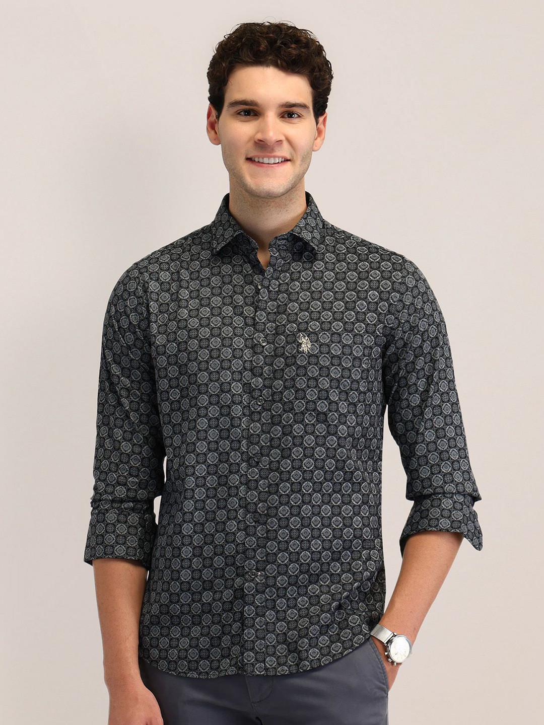 

U.S. Polo Assn. Men Tailored Fit Opaque Printed Formal Shirt, Black