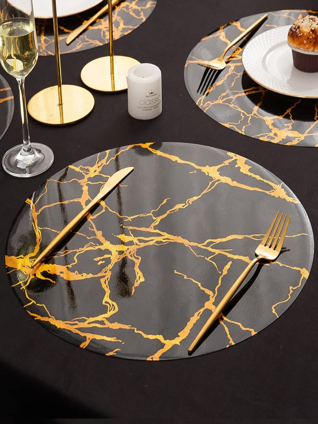 

HOKIPO Black & Gold-Toned 6 Pieces Abstract Printed Shining Round Table Placemats