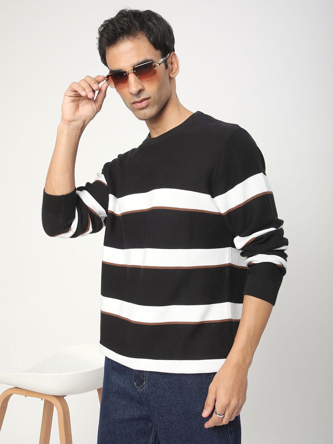 

R&B Men Striped Pullover, Black