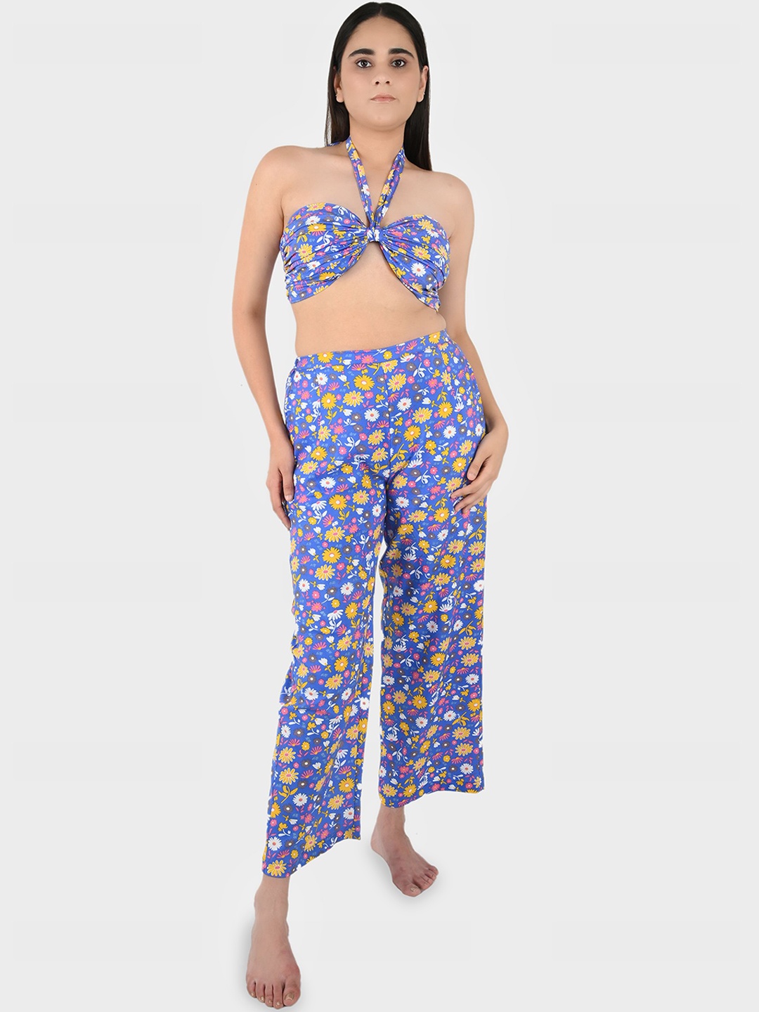 

Blissence Floral Printed Halter Neck Crop Top & Trousers, Blue