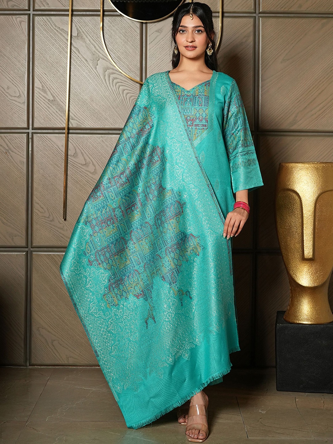 

KIDAR V-Neck Ethnic Motifs Woven Design Straight Cotton Silk Kurta with Trouser & Dupatta, Sea green