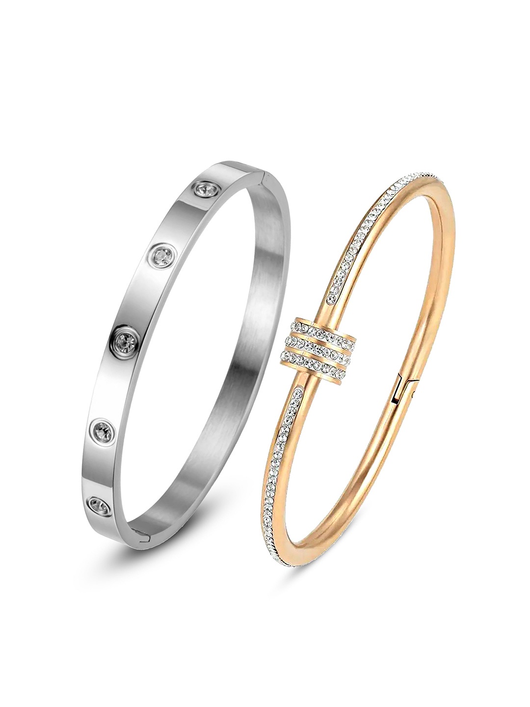 

MEENAZ Set of 2 Silver and Gold-Plated Anti Tarnish CZ-Stone Studded Kada Bracelets