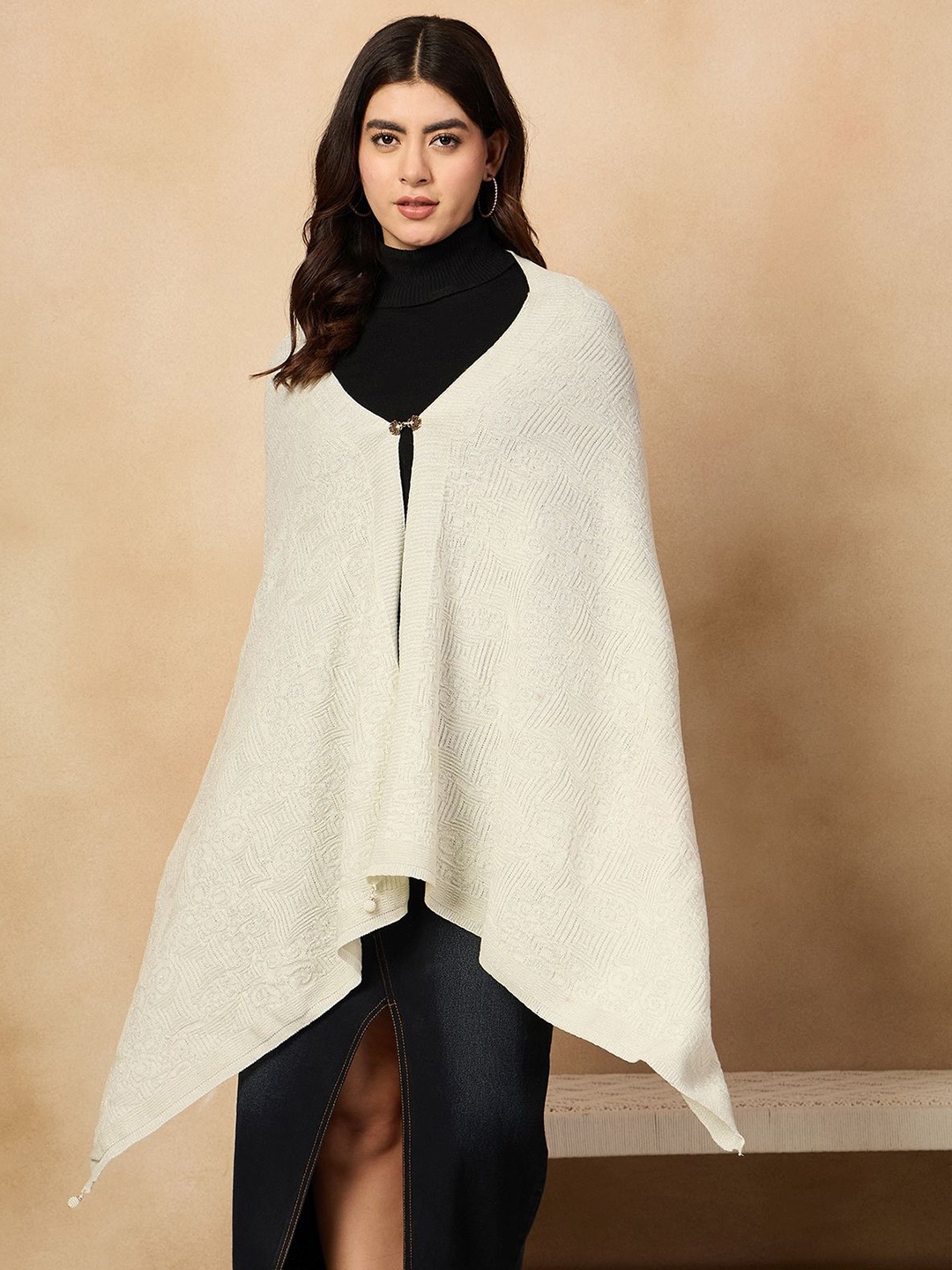 

InWeave Women Self Design Acrylic Poncho, White