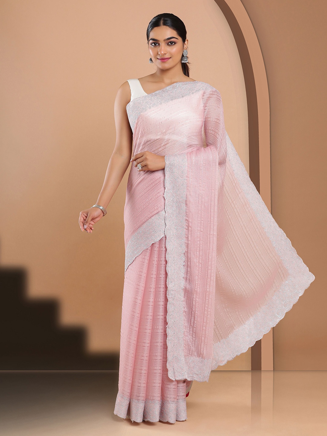 

Kalyan Silks Embellished Beads and Stones Poly Chiffon Jamdani Saree, Peach