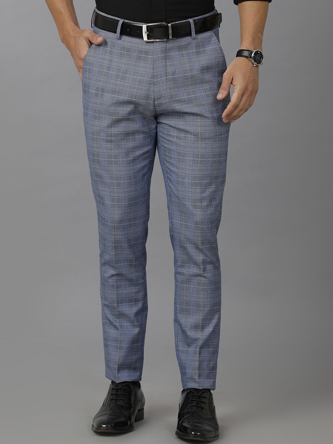 

Double Two Men Checked Slim Fit Trousers, Grey