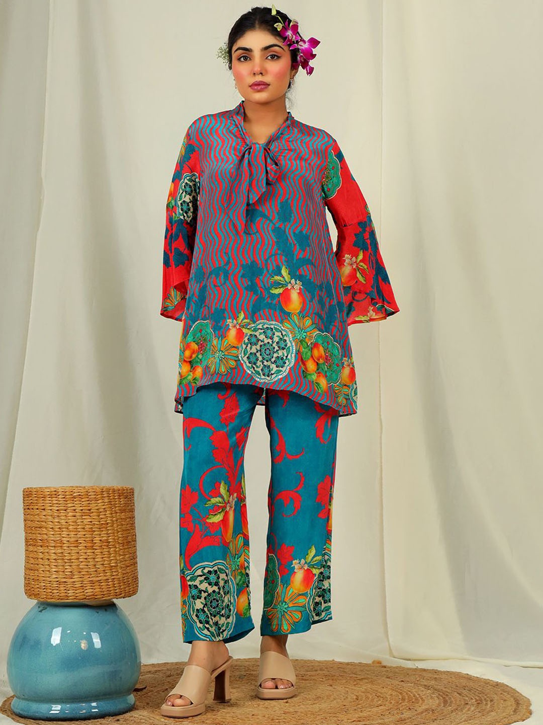 

EARTH O FAB Baroque Art With Apple Print Tunic With Trousers Co-Ords, Teal