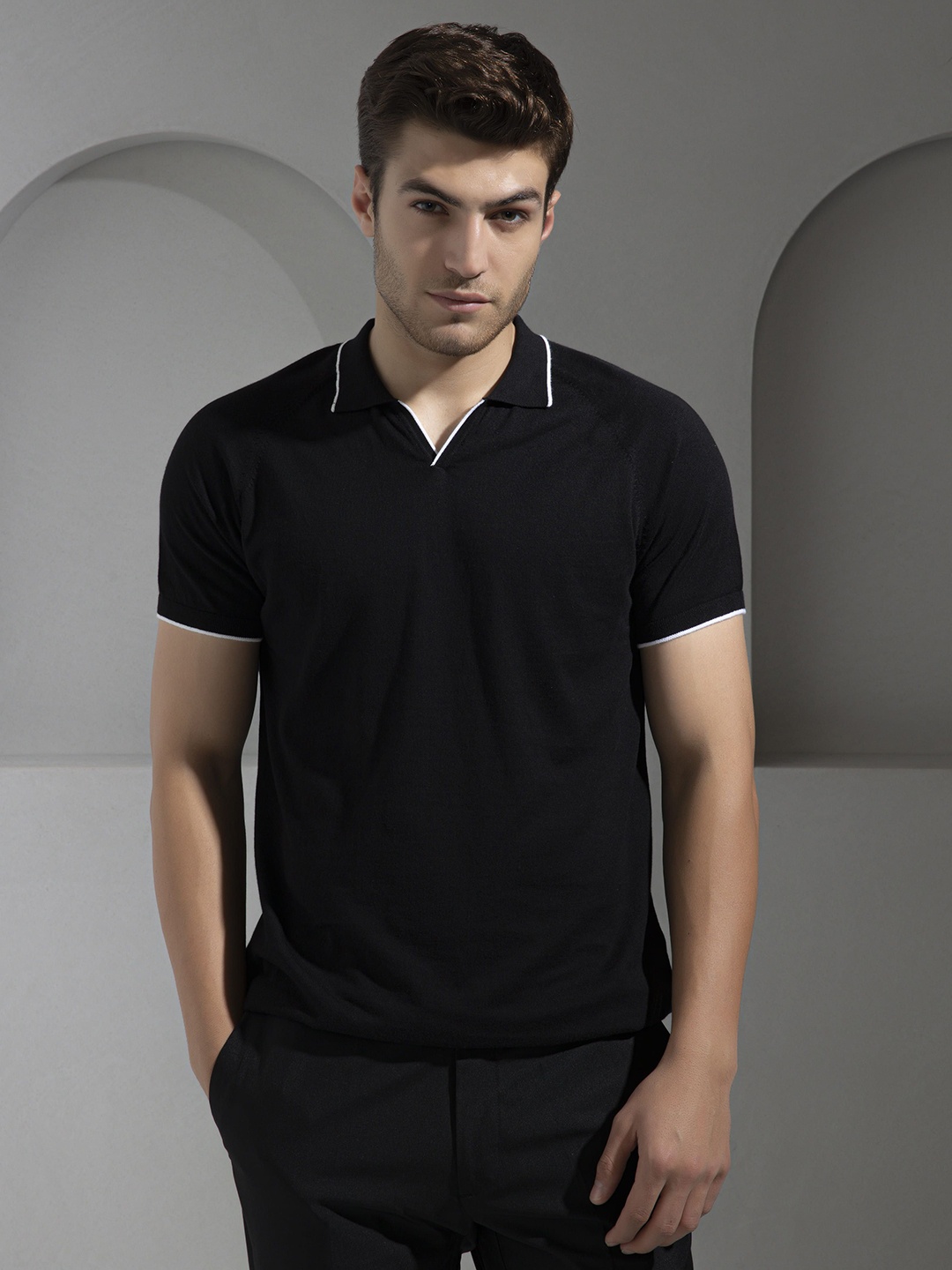 

The Tie Hub Men Solid Cotton Polo T-shirt, Black