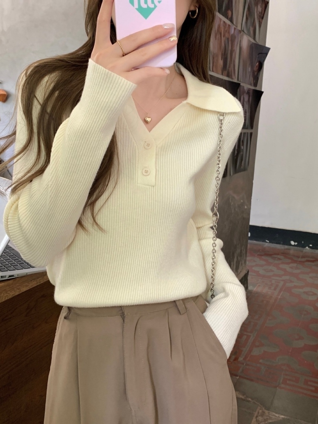 

HERE&NOW Women Shirt Collar Long Sleeves Top, Cream