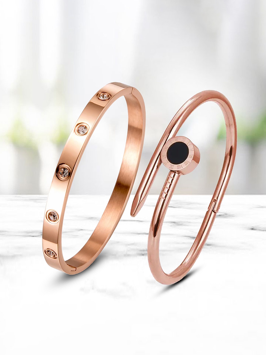 

MEENAZ Women 2 American Diamond Rose Gold-Plated Kada Bracelet