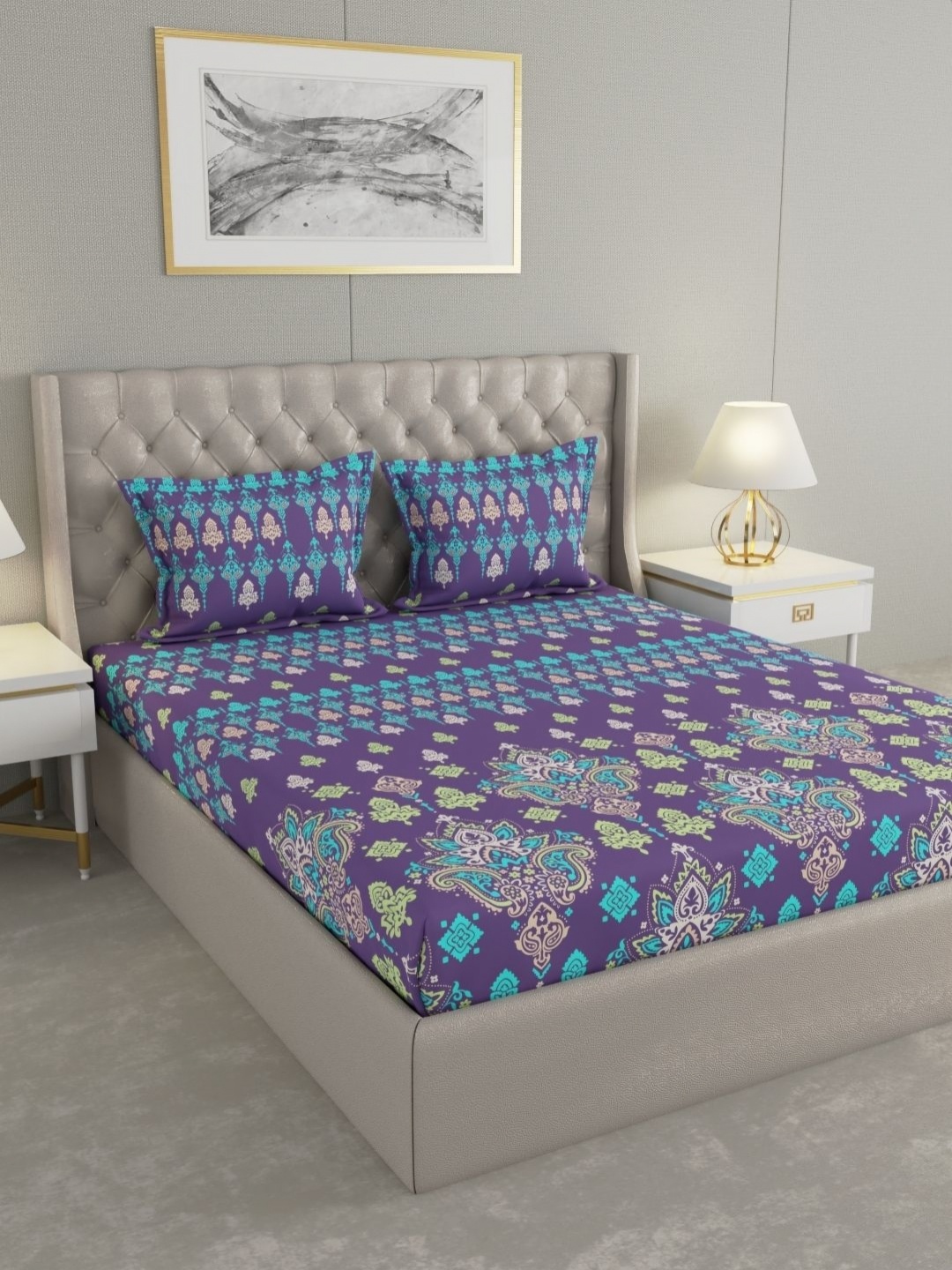 

Raymond Home Blue Ethnic Motifs Pure Cotton 120 TC King Bedsheet Set 2.74 m X 2.74 m