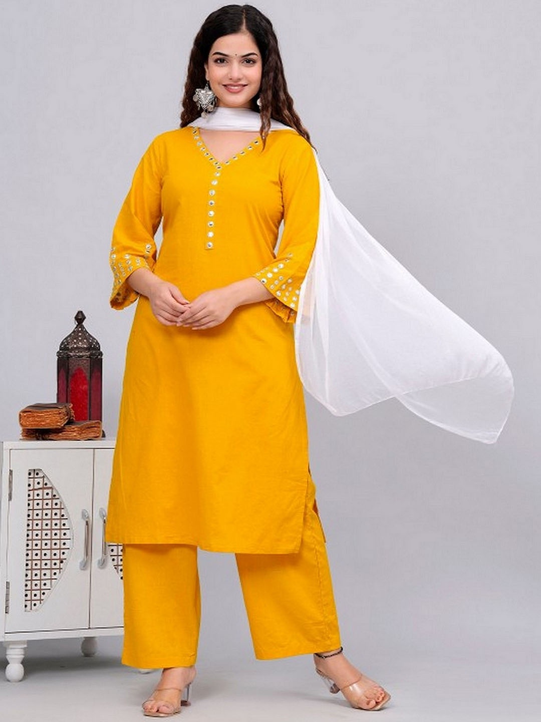 

PINGAKSH Women Ethnic Motifs Embroidered Regular Mirror Work Pure Cotton Kurti with Palazzos & With Dupatta, Yellow