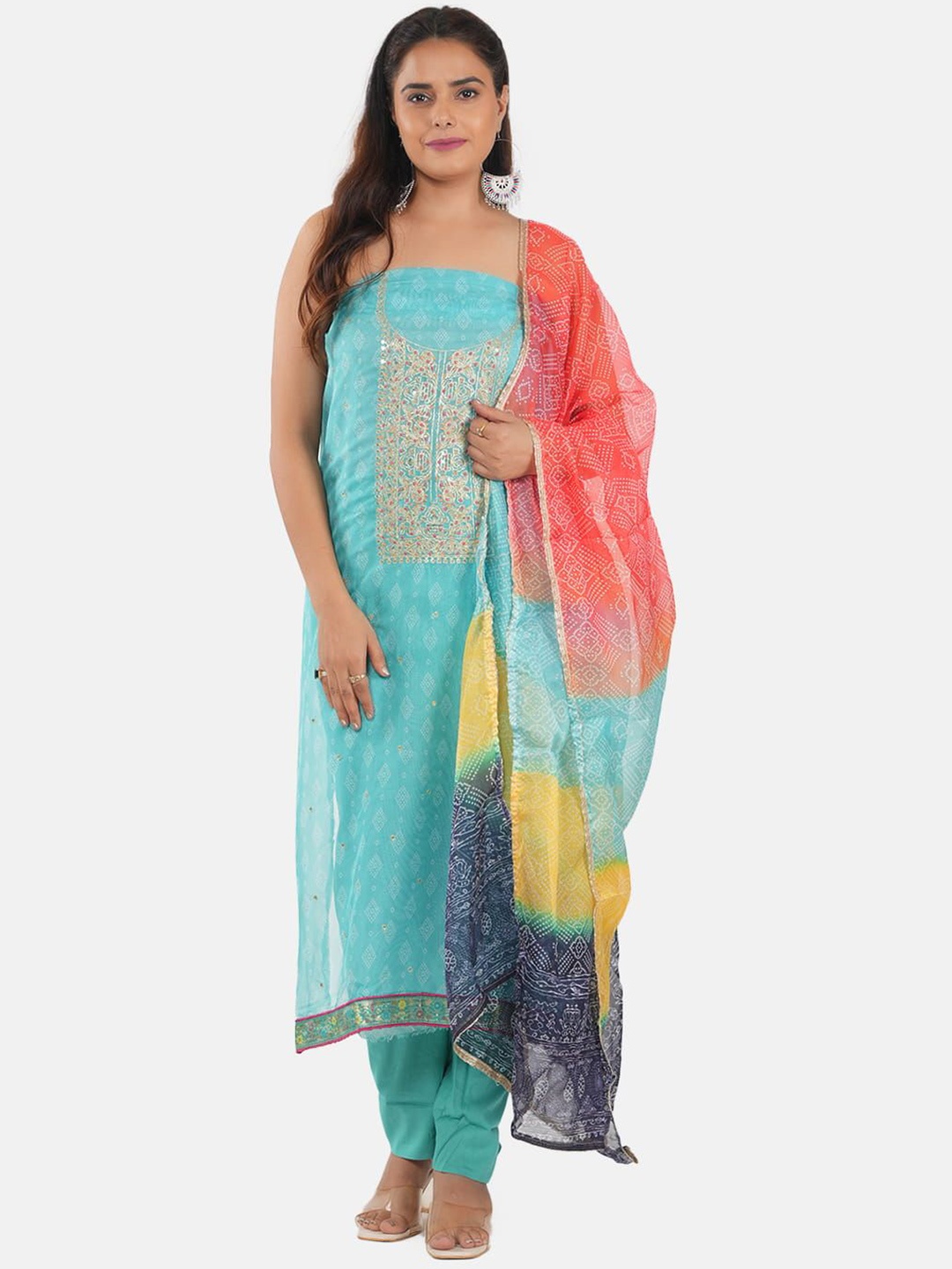 

MOZAFIA Bandhani Embroidered Zari Organza Unstitched Dress Material, Green