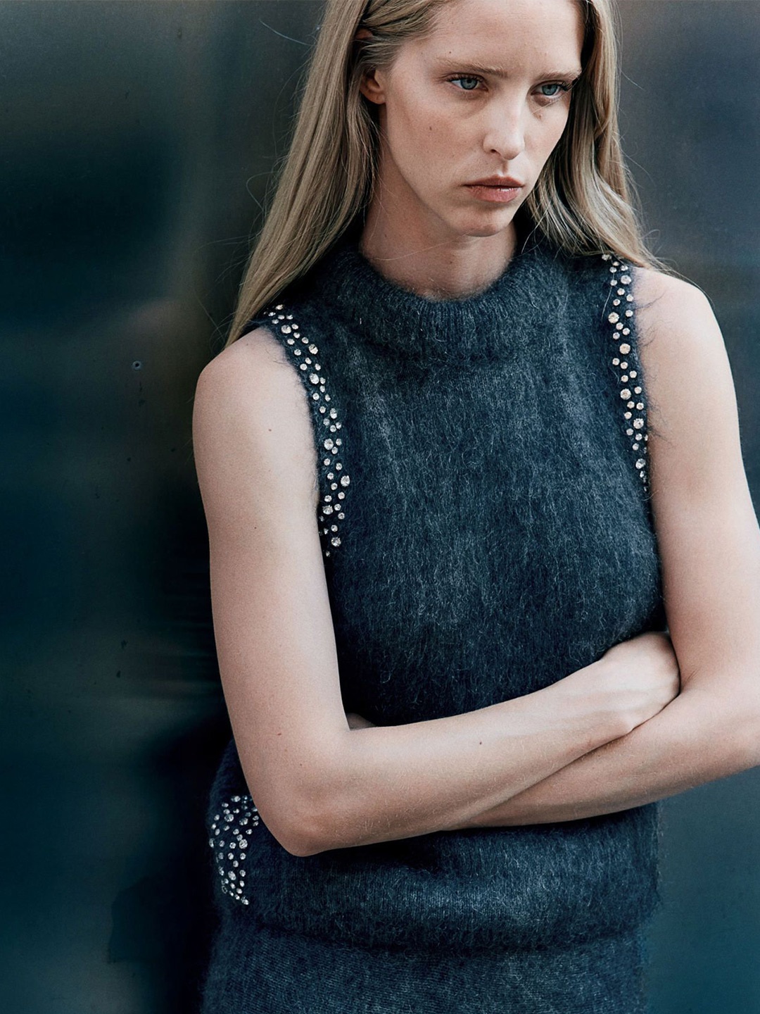 

H&M Women Rhinestone-Embellished Mohair-Blend Top, Grey