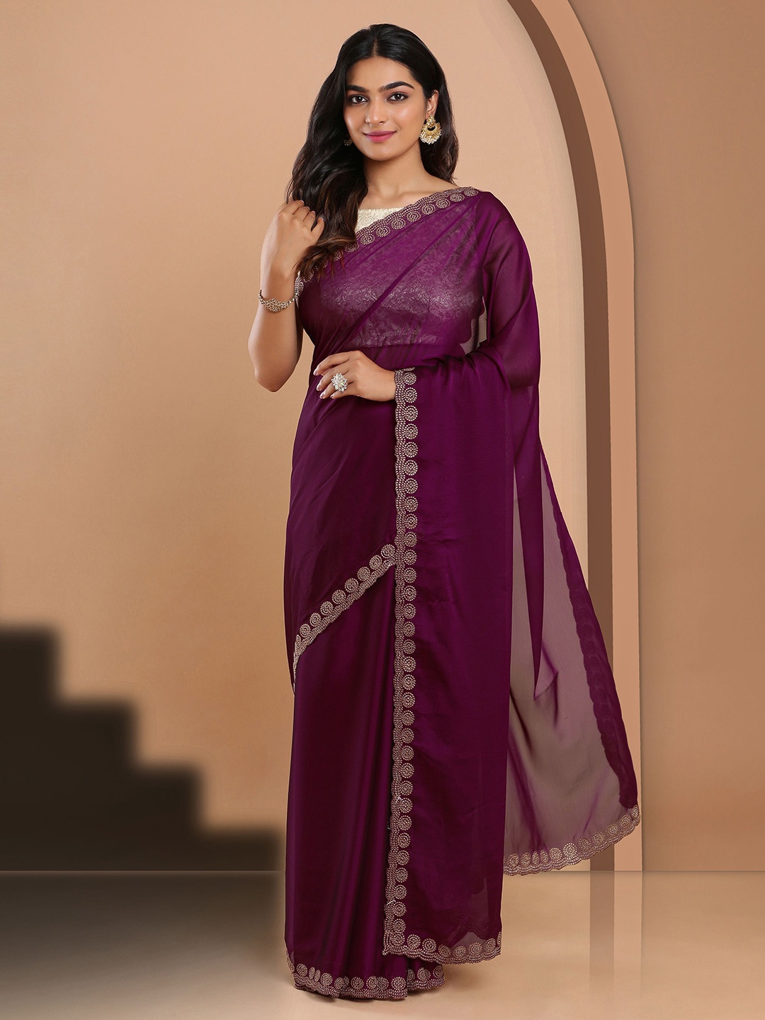 

Kalyan Silks Sequinned Poly Georgette Jamdani Saree, Violet