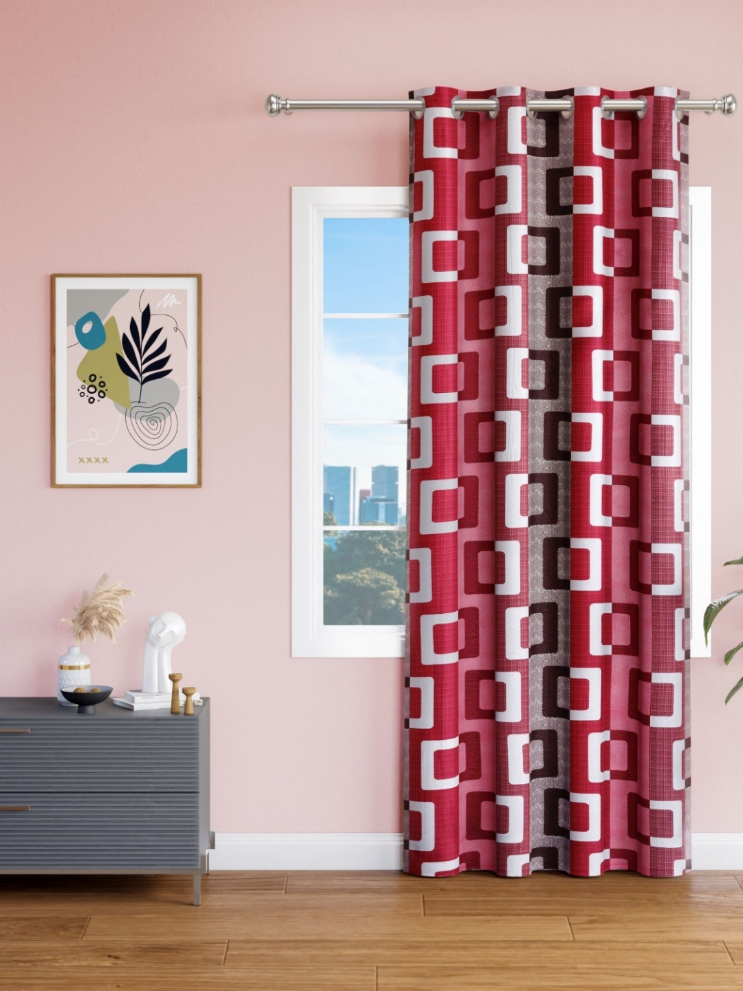 

Aura Red & White Geometric Long Door Curtain