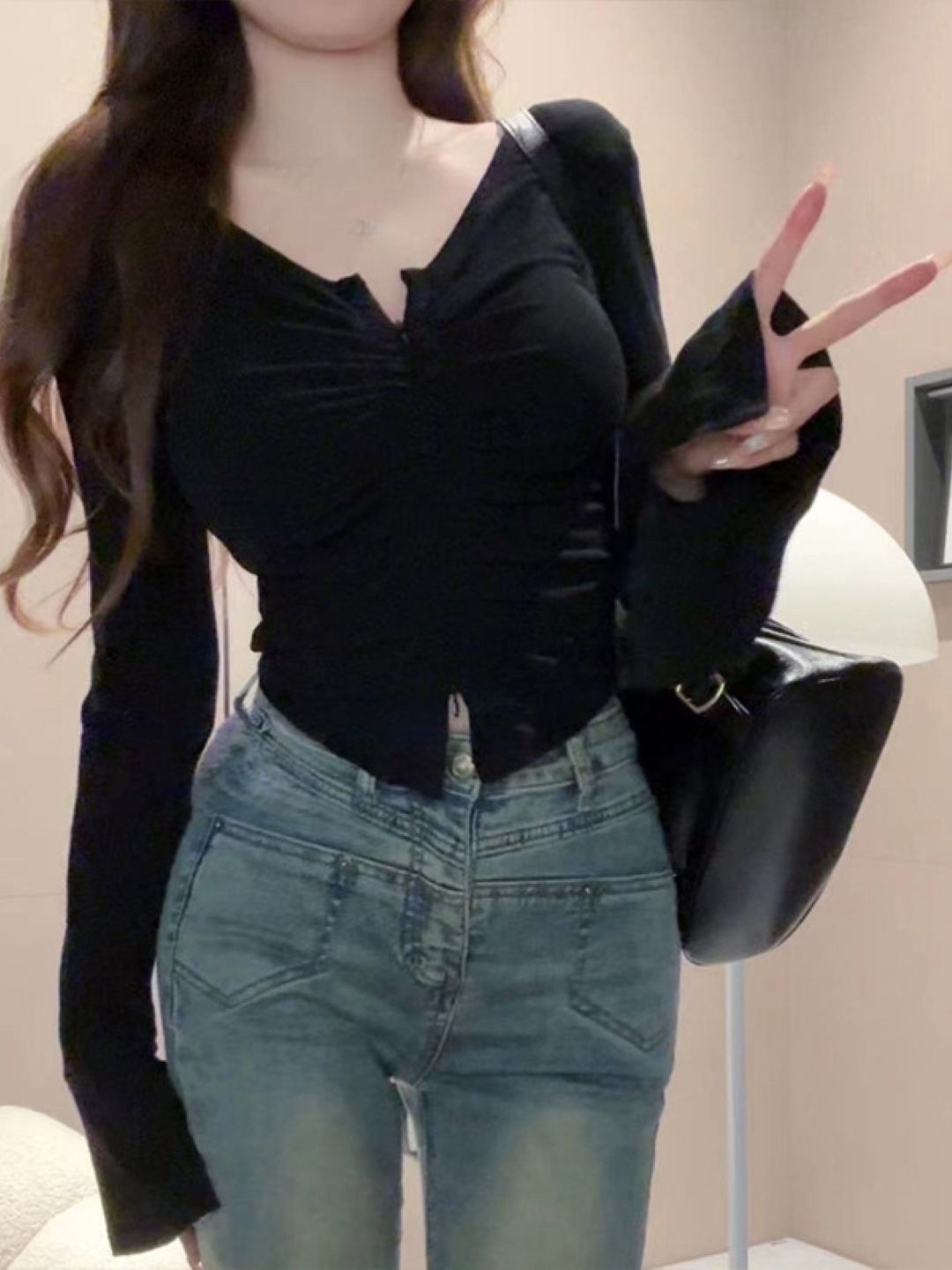 

HERE&NOW Women V - Neck Bell Sleeve Top, Black