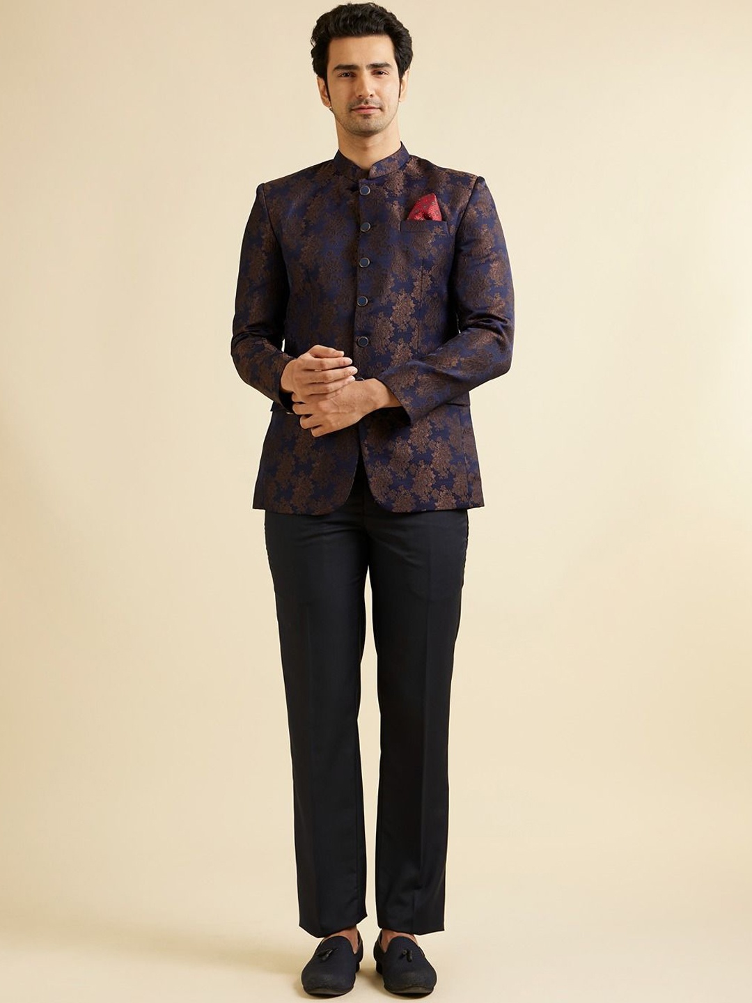 

Manyavar Printed Tailored Fit Two Piece Suits, Blue