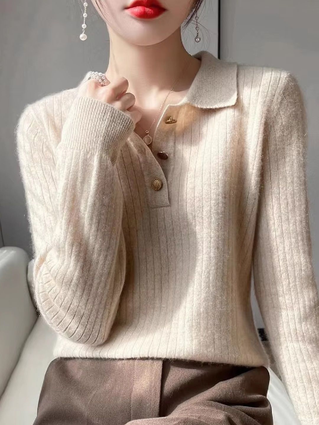 

StyleCast Shirt Collar Woollen Sweater, Beige