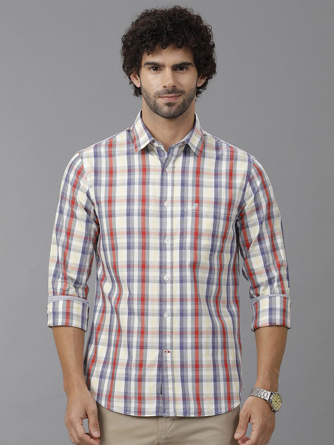 

Double Two Men Comfort Slim Fit Tartan Checks Opaque Checked Casual Shirt, Blue
