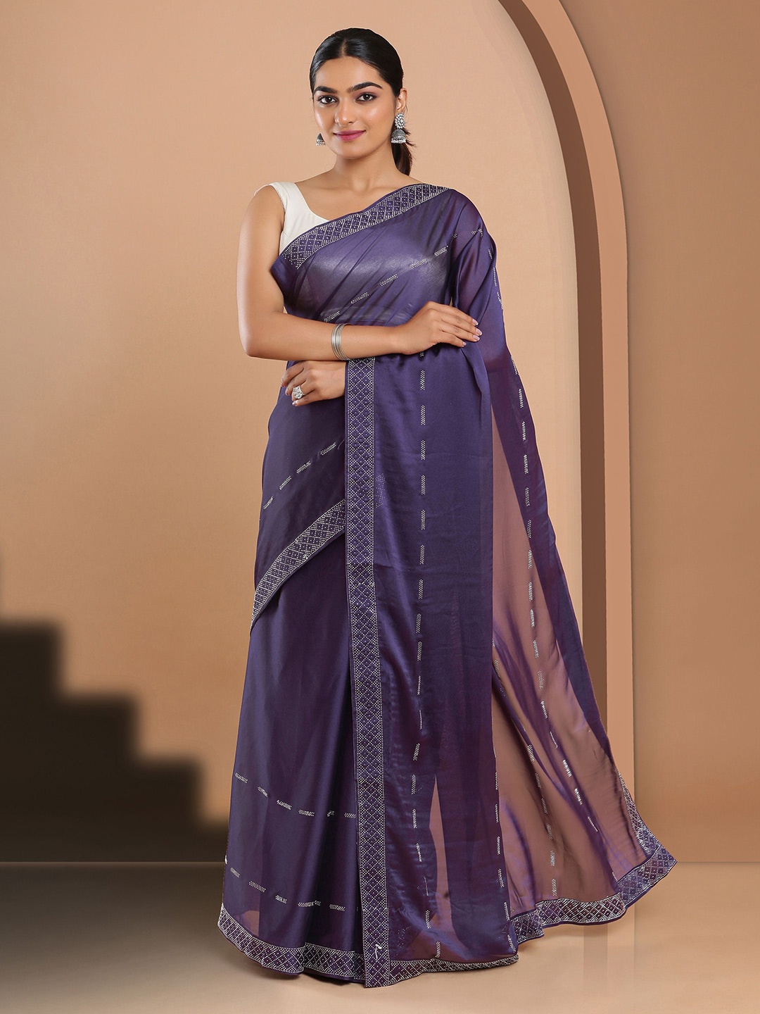 

Kalyan Silks Embellished Poly Georgette Jamdani Saree, Lavender