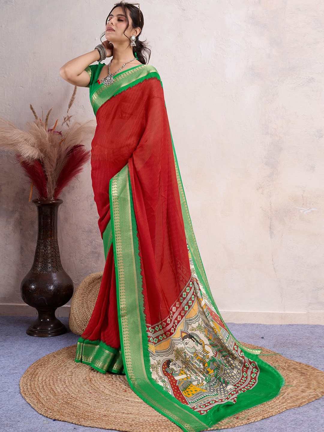 

Panzora Ethnic Motifs Silk Blend Designer Saree, Red