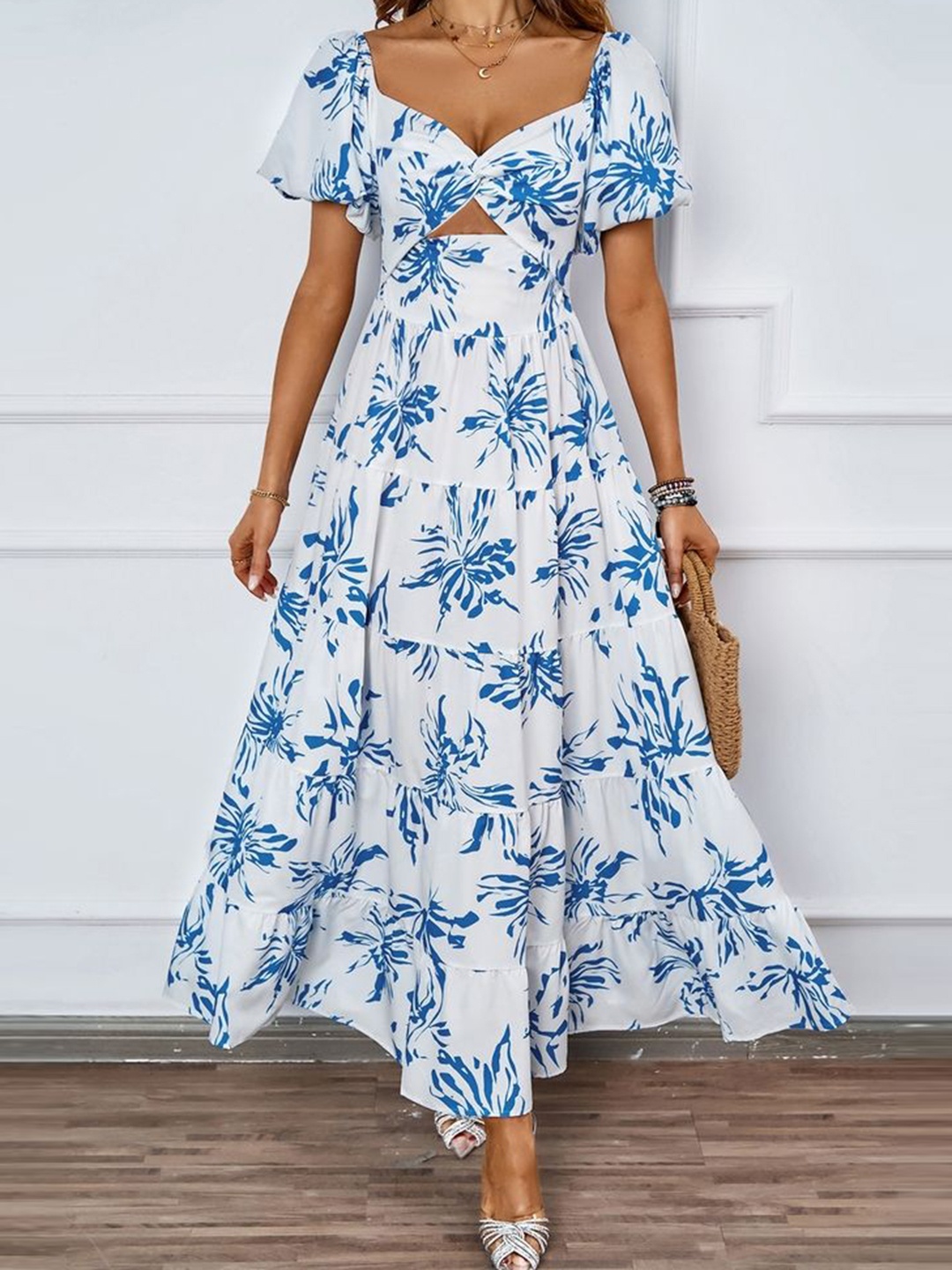 

LULU & SKY Floral Print Flutter Sleeve Empire Maxi Dress, Blue